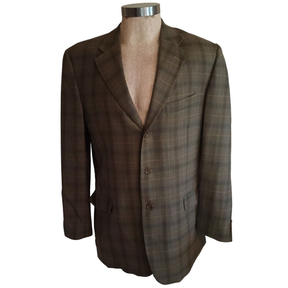 Zino Blazer Mens 42L Jacket Olive Green Plaid Merino Zignone Merino Wool Italy